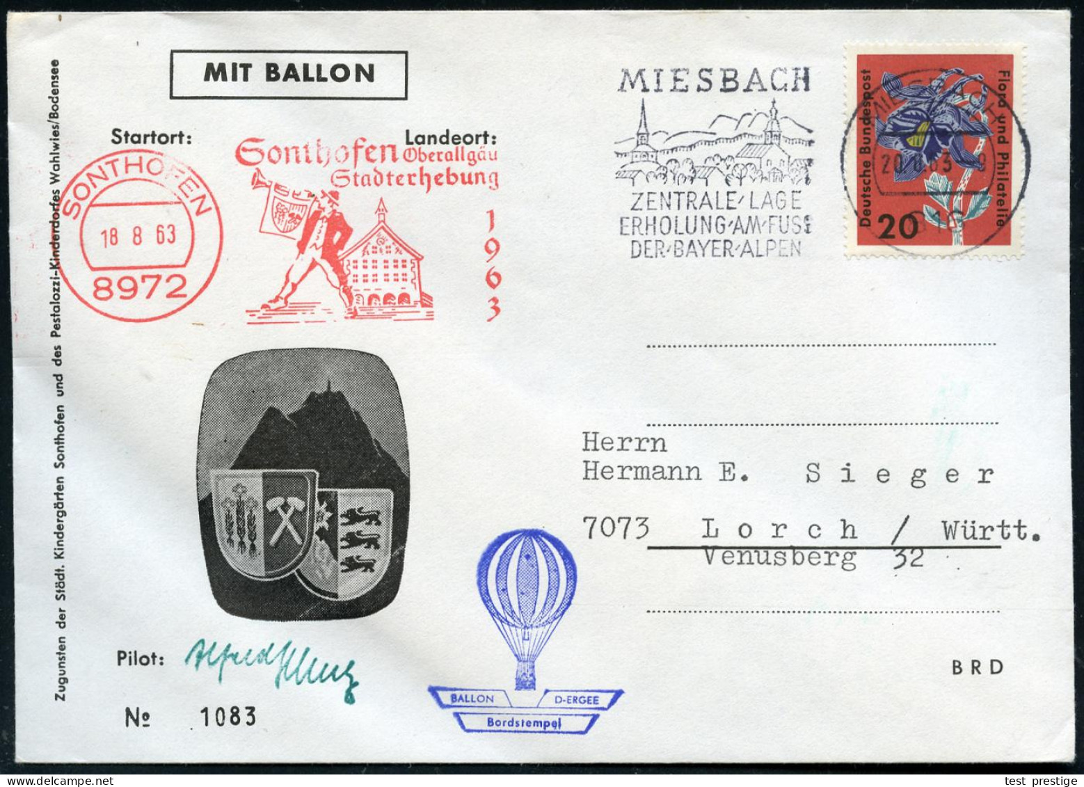 816 MIESBACH/ ..BAYER.ALPEN 1963 (20.8.) MWSt + AFS Ohne Wertrahmen Als Lande-Stpl.: 8972 SONTHOFEN.. (Trompeter) Ballon - Luchtballons