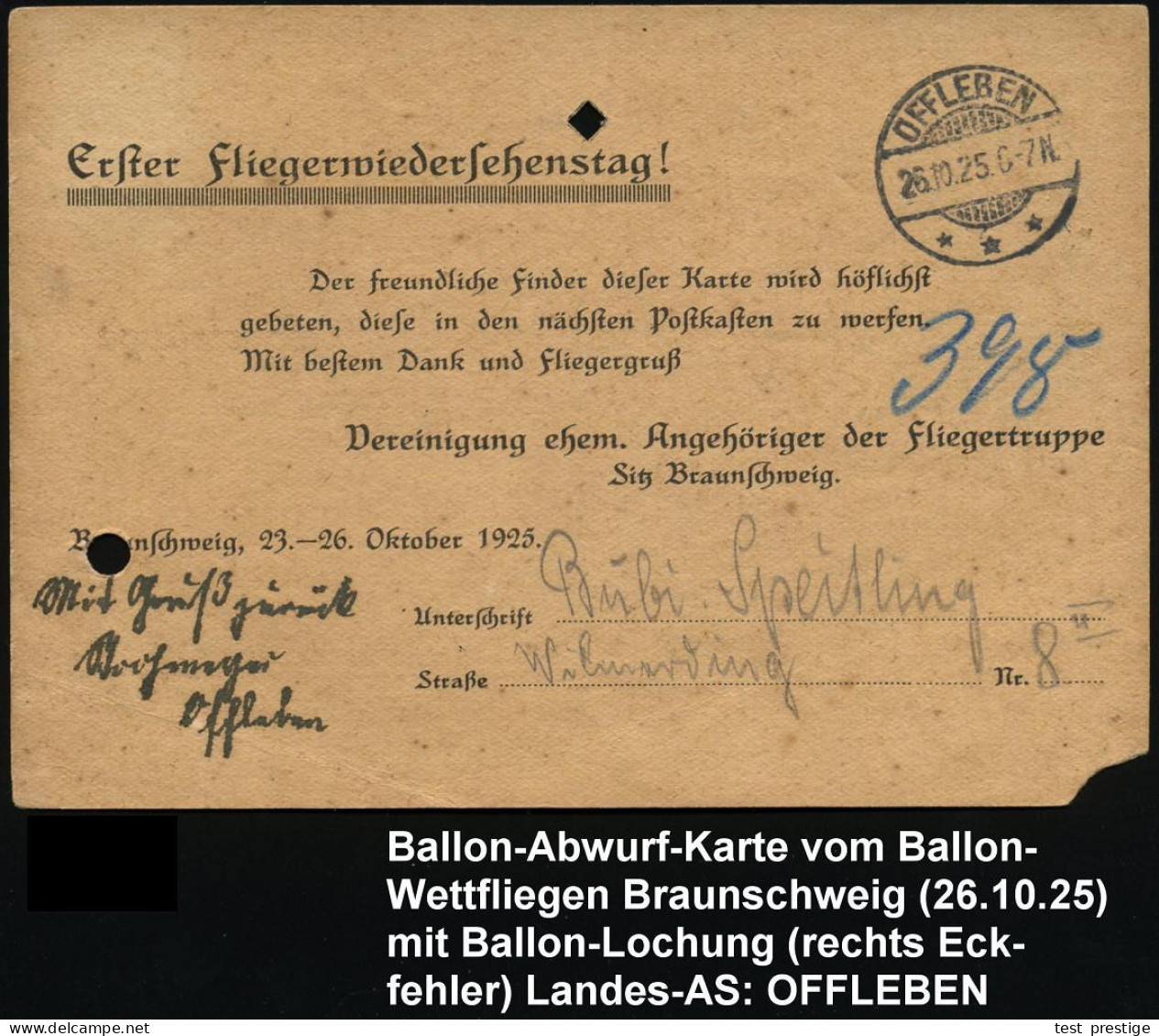 OFFLEBEN/ *** 1925 (26.10.) 1K-Gitter Auf Ballon-Abwurfkarte + Viol. 4L: Flugkarte/v.Ballon-Wettfliegen/am 1.Fliegerwied - Montgolfières