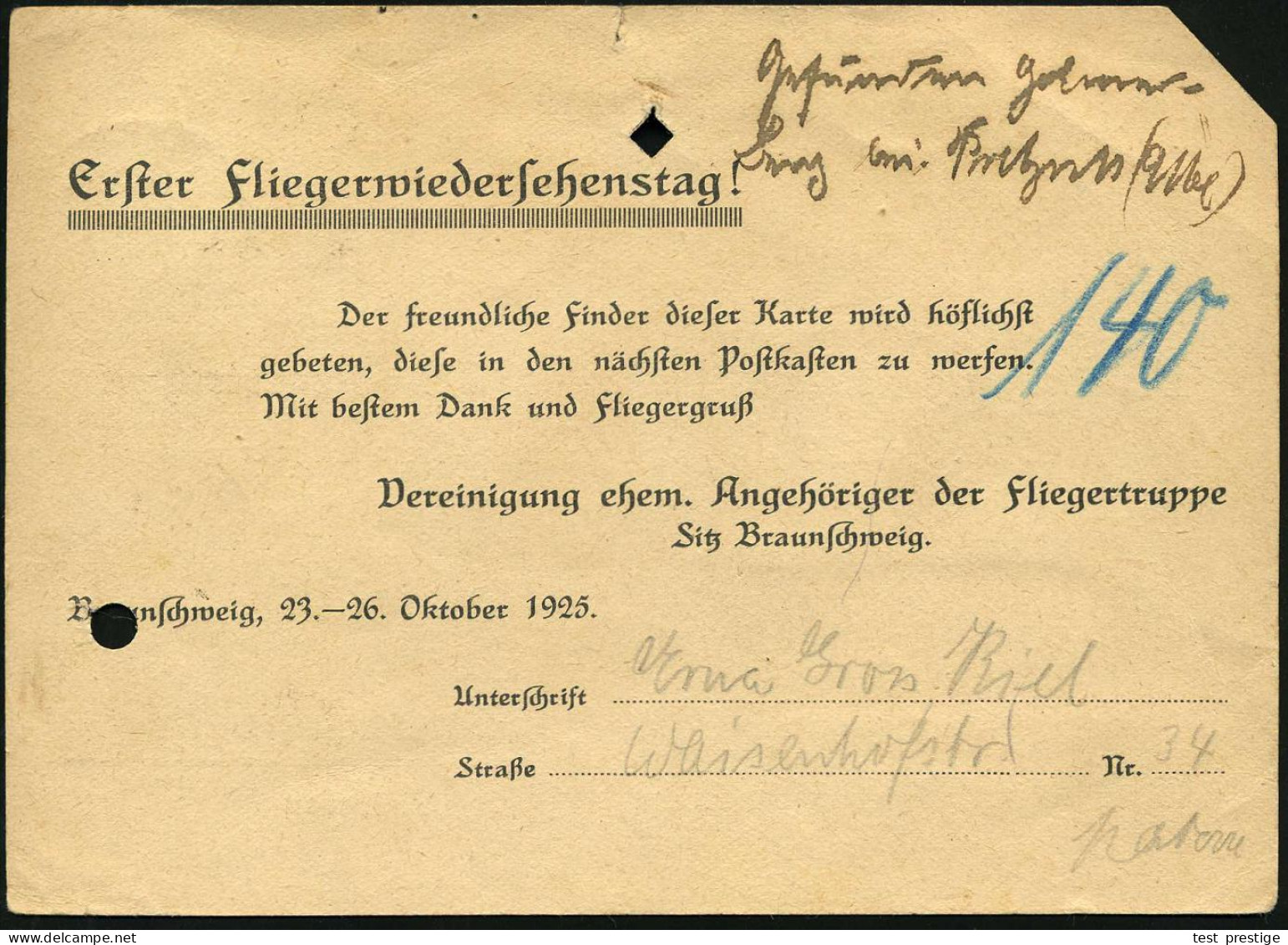 PRETZSCH/ *(ELBE)* 1925 (24.10.) 1K-Gitter Auf Ballon-Abwurfkarte "Verein Ehem. Angehöriger Der Fliegertruppe" + Roter A - Montgolfières