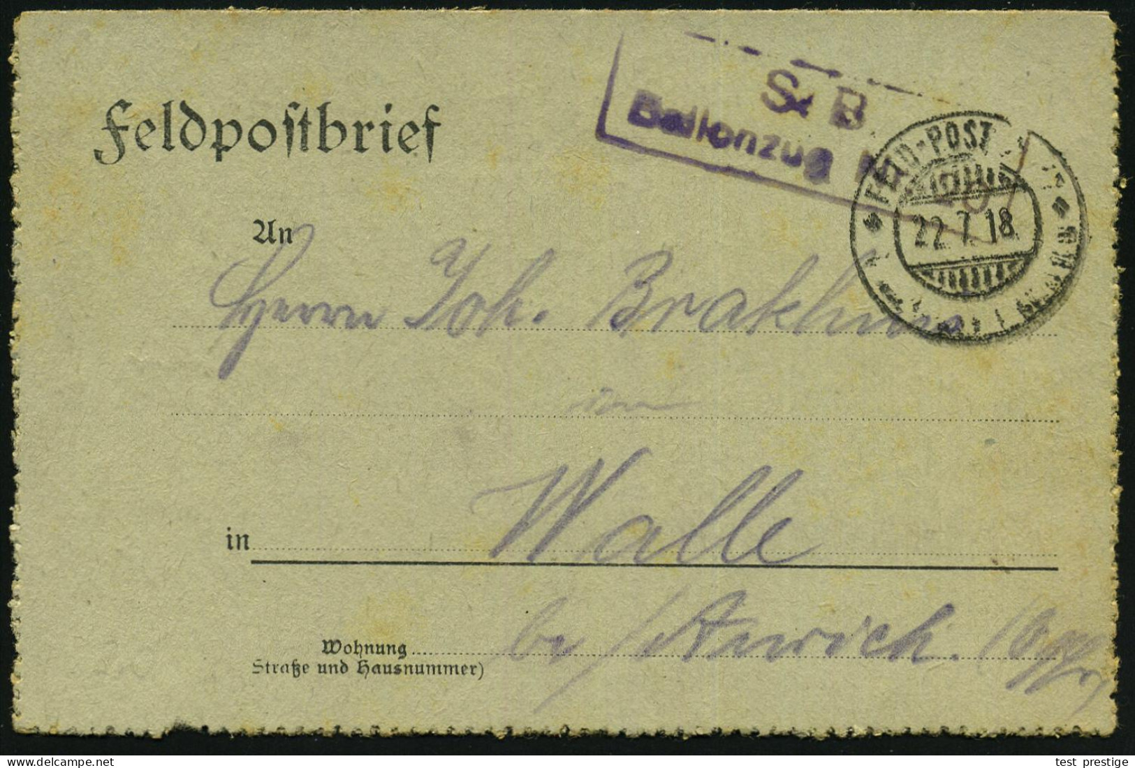 DEUTSCHES REICH 1918 (22.7.) Aptierter, Bayer. 2K-Gitter: FELD-POST = Tarnstempel + Viol. Ra.2: ..B A L L O N Z U G  Nr. - Luchtballons