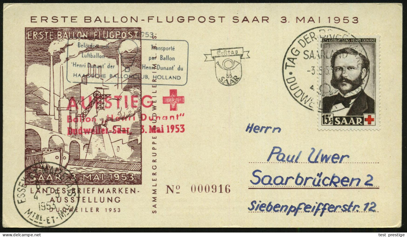 SAARLAND 1953 (3.5.) 15 F.+ 5 F. "125. Geburtstag Henri Dunant" + Rotkreuz-HdN: AUFSTIEG / Ballon "Henri Dunant" + SSt.: - Montgolfières