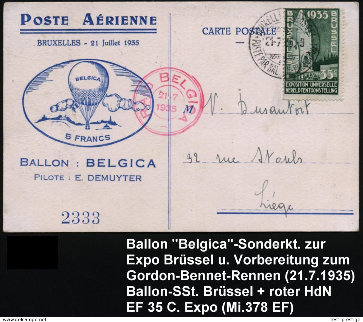 BELGIEN 1935 (21.7.) Ballon "Belgica", Sonderfahrt Expo Brüssel, EF 35 C. Expo (Mi.378 EF) = Vorbereitungsfahrt "Coupe G - Montgolfières