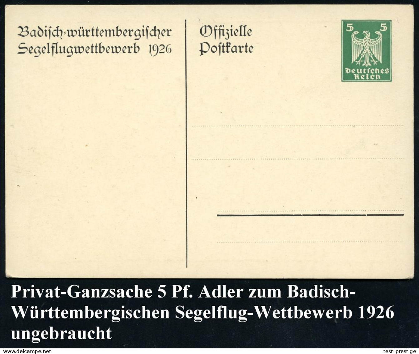 Mühlhausen 1926 PP 5 Pf. Adler, Grün: BADISCH-WÜRTTENBG./SEGELFLUG-WETTBEWERB 1926 Mit 4 Segelflugzeugen , Ungebr., Selt - Airplanes