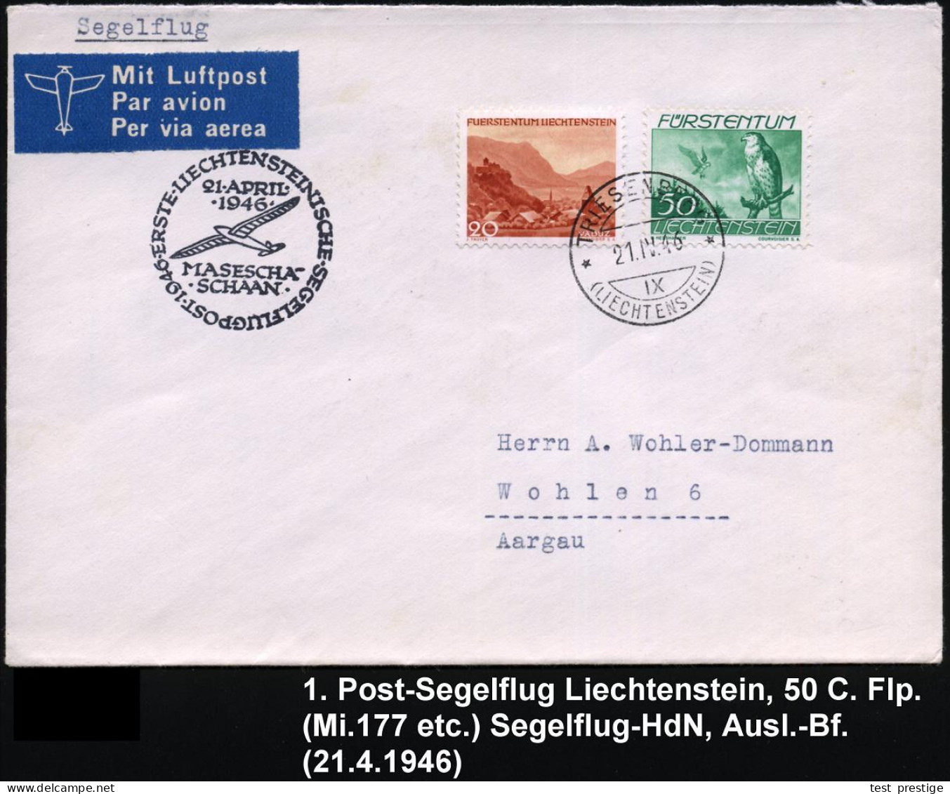 LIECHTENSTEIN 1946 (21.4.) 1. Liechtenst. Postsegelflug + Segelflug-HdN: MASESCHAA-/SCHAAN ,1K: TRIESENBERG Auf Flp. 50  - Flugzeuge