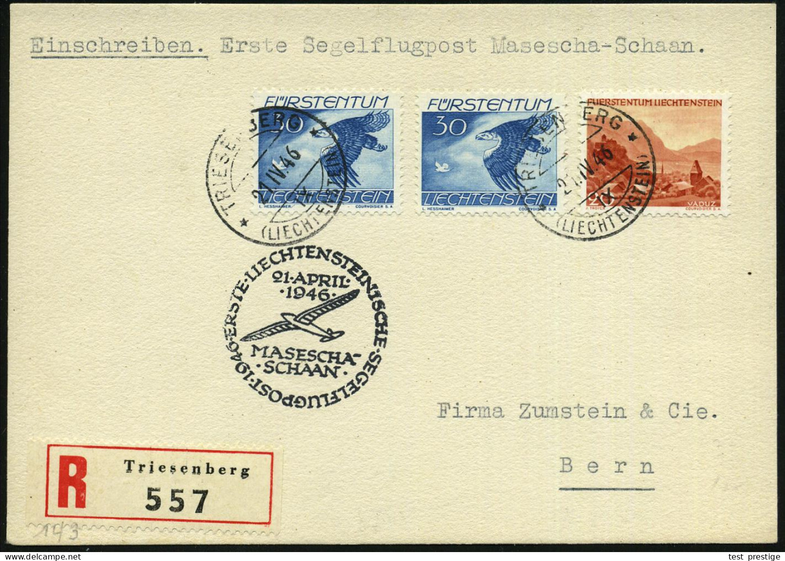 LIECHTENSTEIN 1946 (21.4.) 30 C. Mäusebussard, 2x Etc. (Mi.2x 176 U.a.) 1K + RZ: Triesenberg + Schw. HdN: ERSTE LIECHTEN - Avions