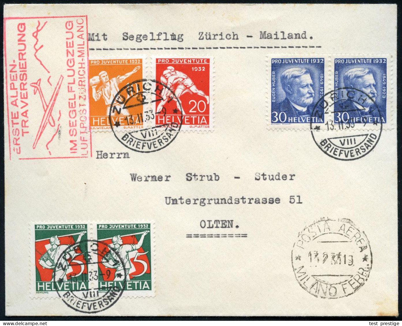 SCHWEIZ 1933 (13.2.) 1K: ZÜRICH 1 Auf "Pro Juventute"-Sart überkompl. (Mi.262/65, + 39.- EUR) + Roter HdN: ERSTE ALPEN-/ - Airplanes