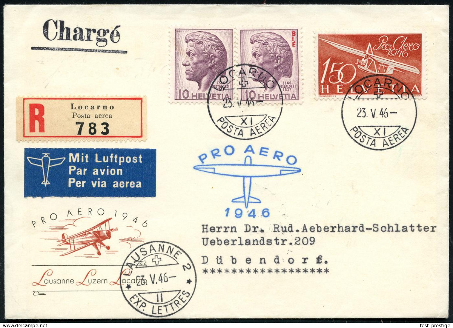 SCHWEIZ 1946 (22.5.) 150 C. "Pro Aero" = Segelflugzeug U.a. (Pestalozzi) Blauer Segelflug-HdN: PRO AERO/1946 + RZ: Luzer - Avions