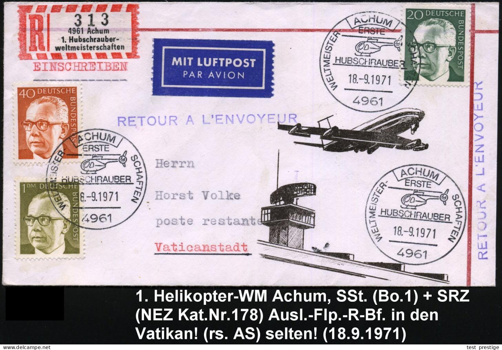 4961 ACHIM/ ERSTE/ HUBSCHRAUBER/ WELTMEISTER-/ SCHAFT 1971 (18.9.) SSt = Helikopter + Sonder-RZ: 4961 Achum/ 1.Hubschrau - Hubschrauber