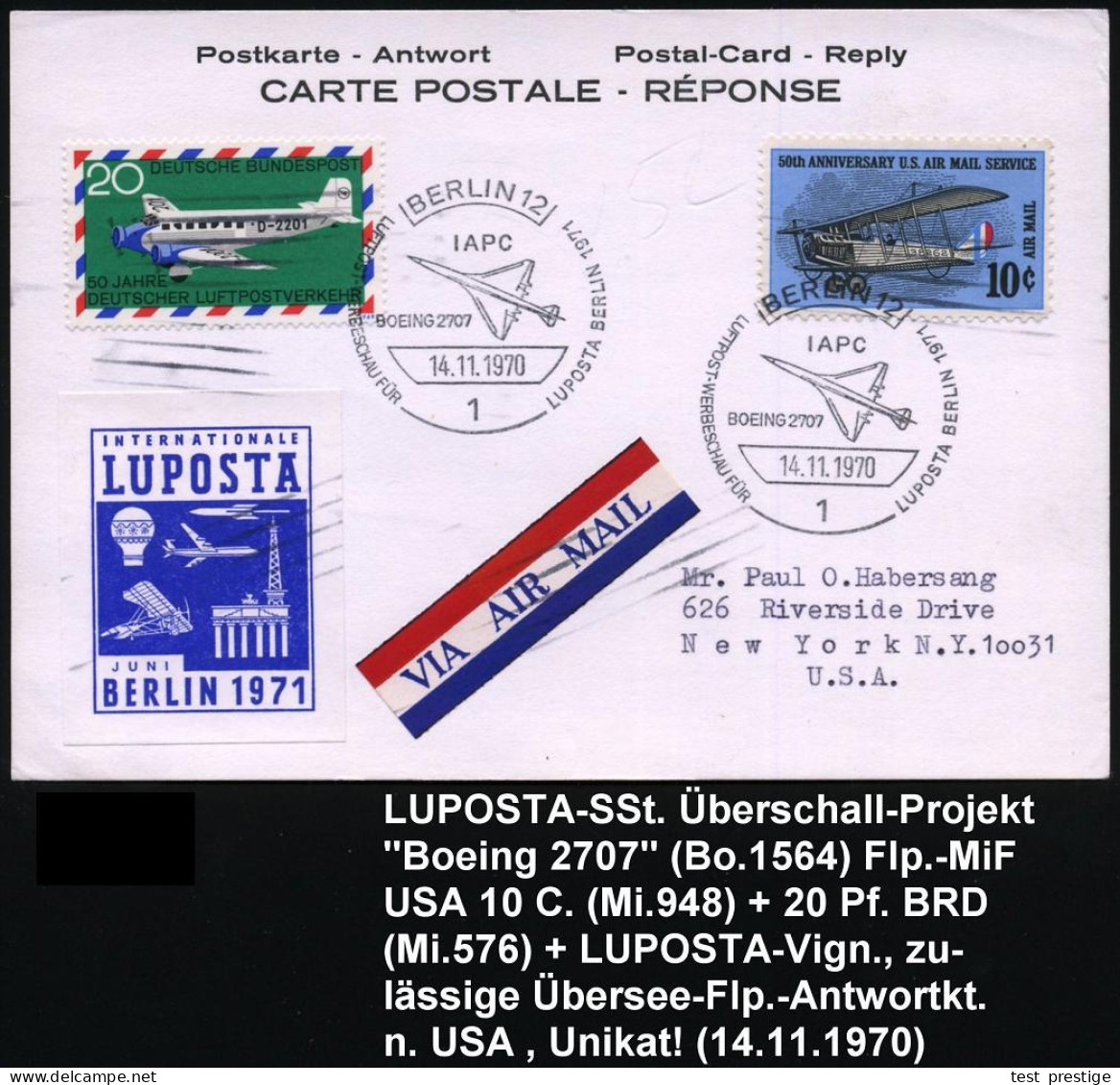 1 BERLIN 12/ IAPC/ BOEING 2707/ LUPOSTA 1970 (14.11.) SSt = Supersonic-Projekt "Boeing 2707" (nicht Realisiert) Auf MiF  - Concorde