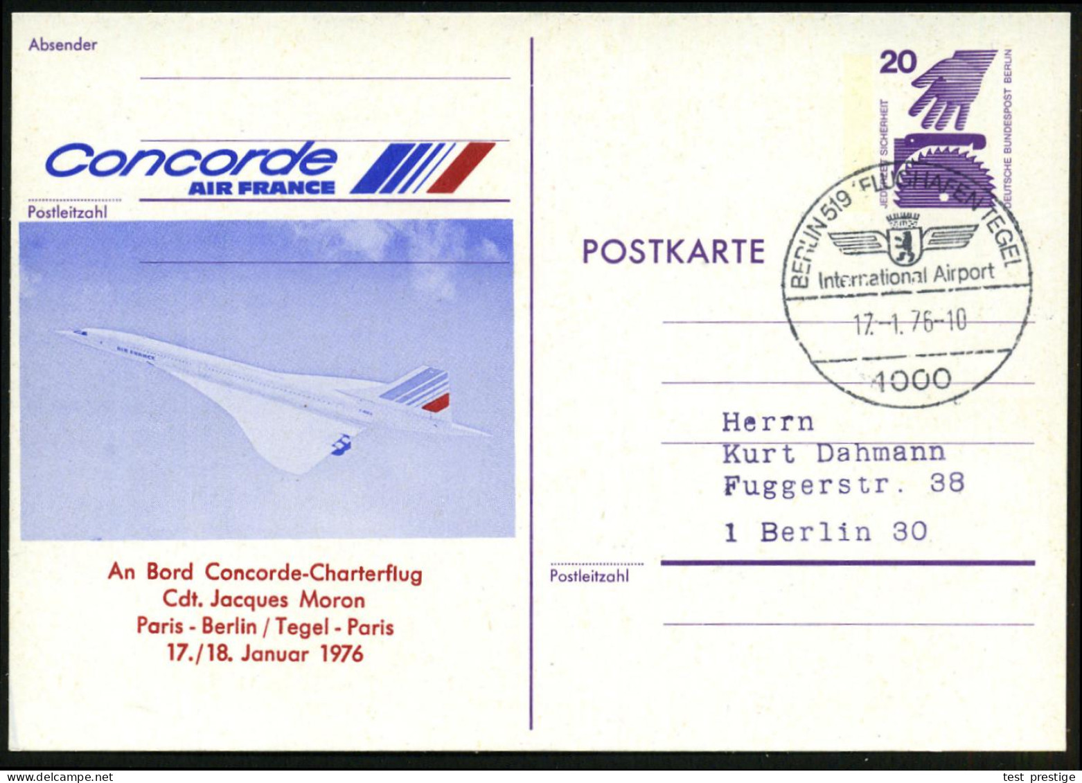 1000 BERLIN 519 FLUGHAFEN TEGEL/ Internat.Airport 1976 (17.1.) HWSt Auf Orts-P 20 Pf. Unfall + Zudruck: Concorde AIR FRA - Concorde