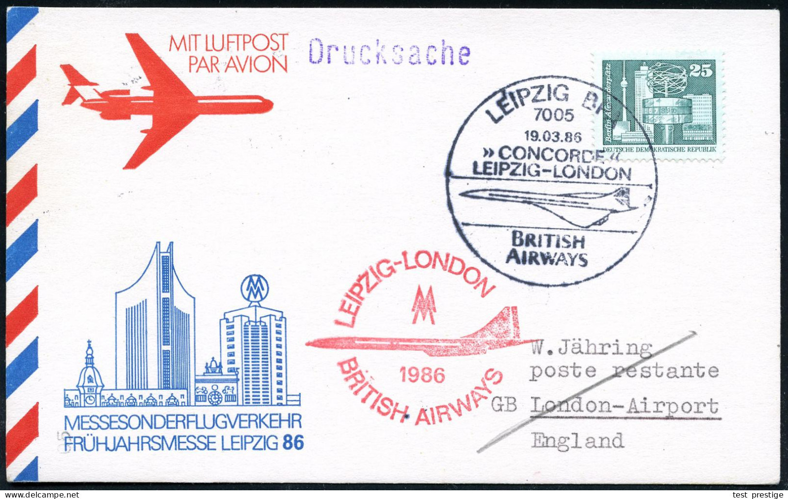 7005 LEIPZIG BPA/ "CONCORDE"/ LEIPZIG-LONDON/ BRITISH/ AIRWAYS 1986 (19.3.) Hand-SSt = Concorde + Roter Motivgl. Messe-H - Concorde