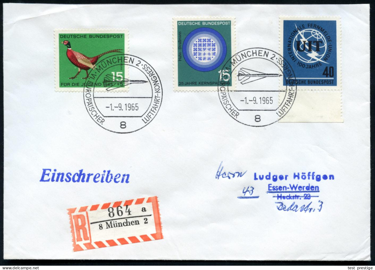 8 MÜNCHEN 2/ EUROP.LUFTFAHRT-KONGRESS 1965 (1.9.) SSt = Überschall-Flugzeug 2x + RZ: 8 München 2/a , Klar Gest. Inl.-R-B - Concorde