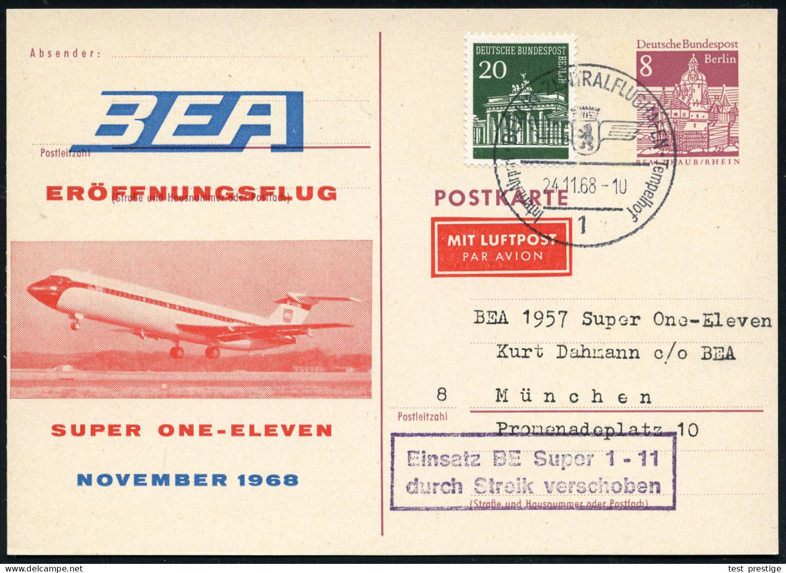 1 BERLIN-ZENTRALFLUGHAFEN/ Int.Airport/ Tempelhof 1968 (24.11.) HWSt Auf PZD 8 Pf. Kaub: BEA Eröffnungsflug Super 1-11 + - Aviones