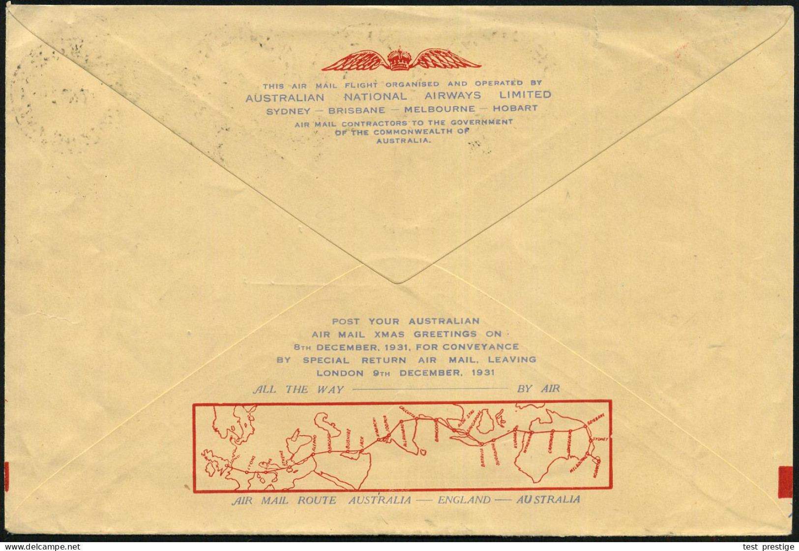 AUSTRALIEN 1931 (17.11.) Weihnachts-Sonderflug Australien - England , Viol. Flp.-HdN: SPECIAL/AIR MAIL FLIGHT.., Flugpos - Aviones