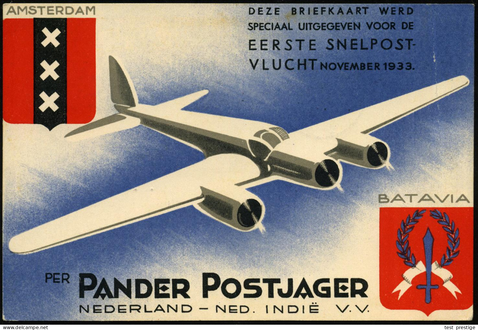 NIEDERLANDE /  NIEDERL. INDIEN 1933 (Dez.) 1. Schnellpostflug Niederlande - Niederländ. Indien - Niederlande (KLM) EF 30 - Aerei