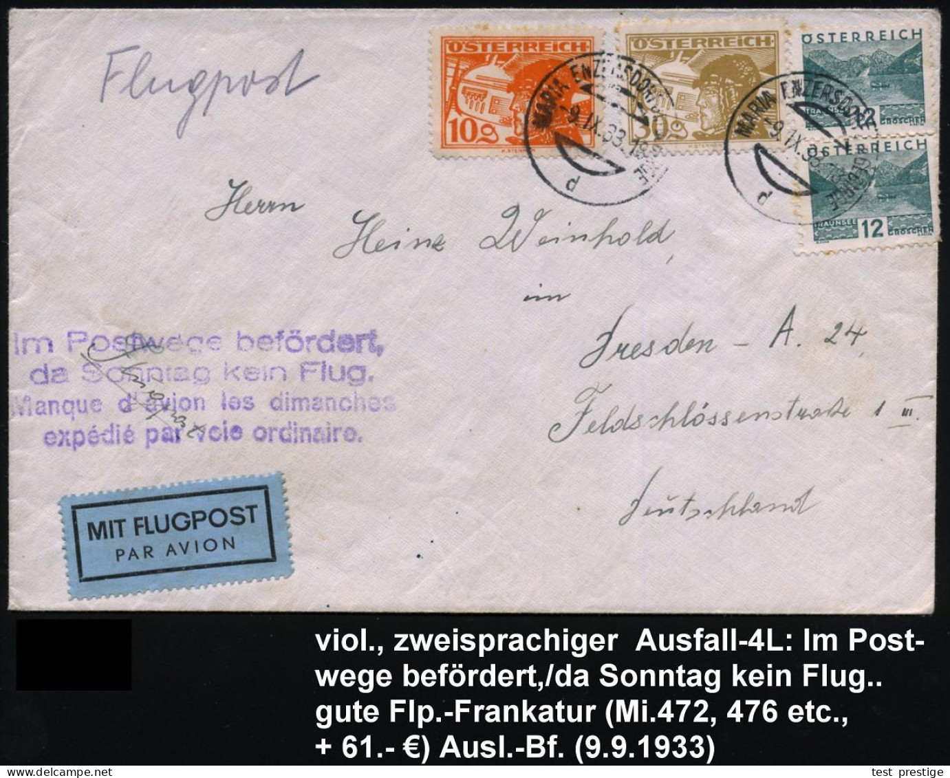 ÖSTERREICH 1933 (9.9.) 1K: MARIA ENZERSDORF Am GEBIRGE/d A. Flp. 10 U. 30 G. (Mi.472, 476 U.a.,+ 59.-) + Viol. 4L: Im Po - Flugzeuge