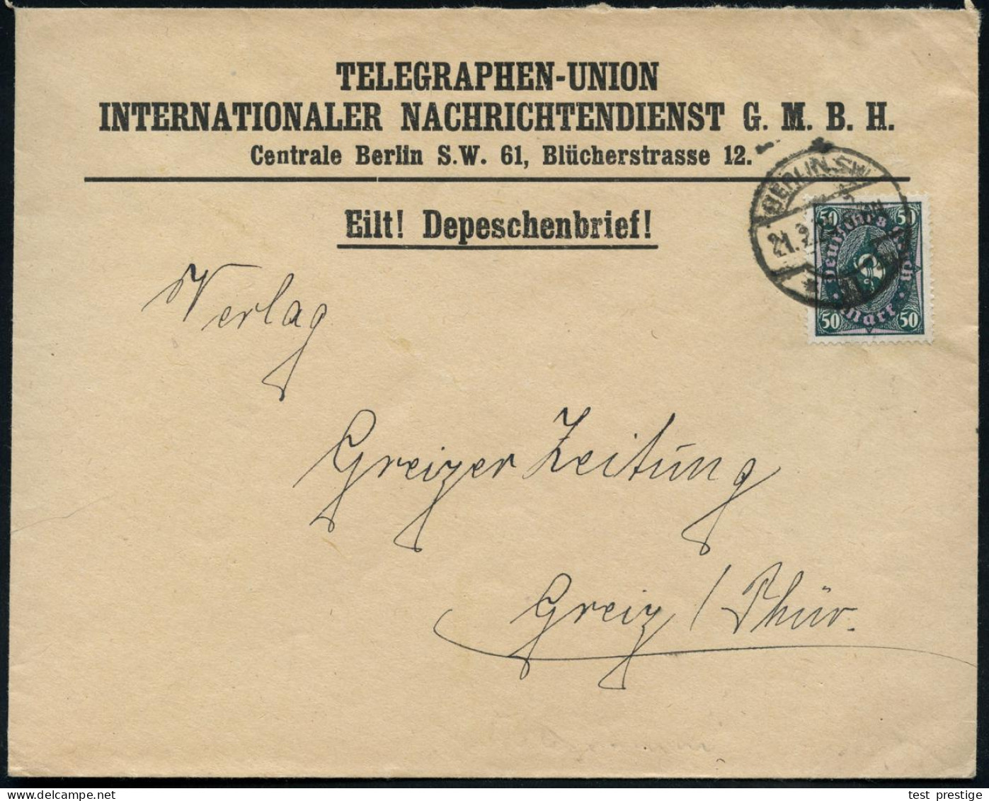 BERLIN W/ *9s 1923 (20.8.) 1K-Brücke Auf Firmen-Bf: TELEGRAPHEN-UNION/INTERENAT. NACHRICHTEN-DIENST/Centrale.., "Eilt !  - Sonstige