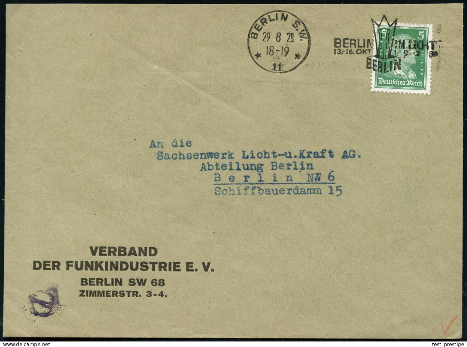 BERLIN S.W./ *11*/ BERLIN IM LICHT 1928 (29.8.) MWSt Auf EF 5 Pf. Schiller Mit Firmenlochung: A B / F = Verband Der Funk - Sonstige