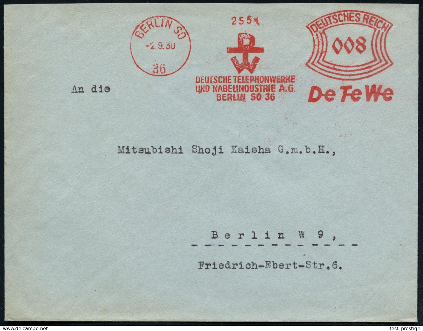 BERLIN SO/ 36/ DEUTSCHE TELEPHONWERKE/ U.KABELINDUSTRIE AG/ DeTeWe 1930 (31.12) AFS Francotyp (Monogr.-Logo) Orts-Bf. (D - Andere