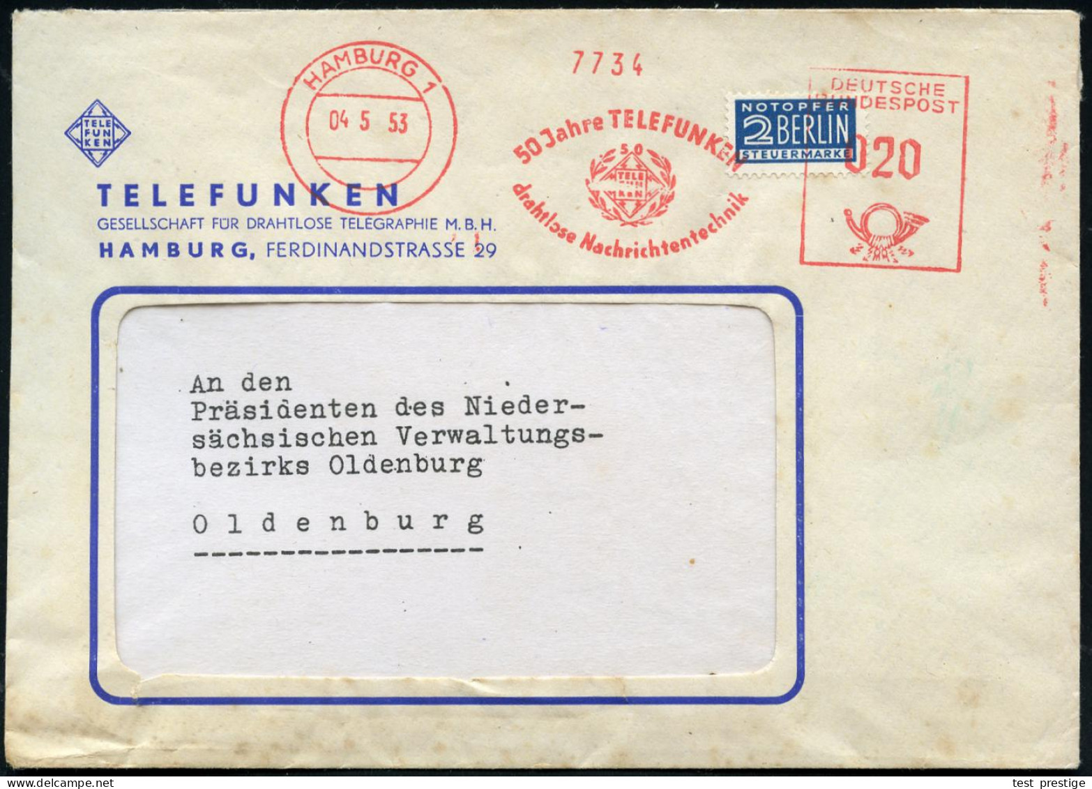 HAMBURG 1/ 50 Jahre TELEFUNKEN/ Drahtlose Nachrichtentechnik 1953 (4.5.) Seltener Jubil.-AFS Francotyp (Logo) Auf 2 Pf.  - Andere