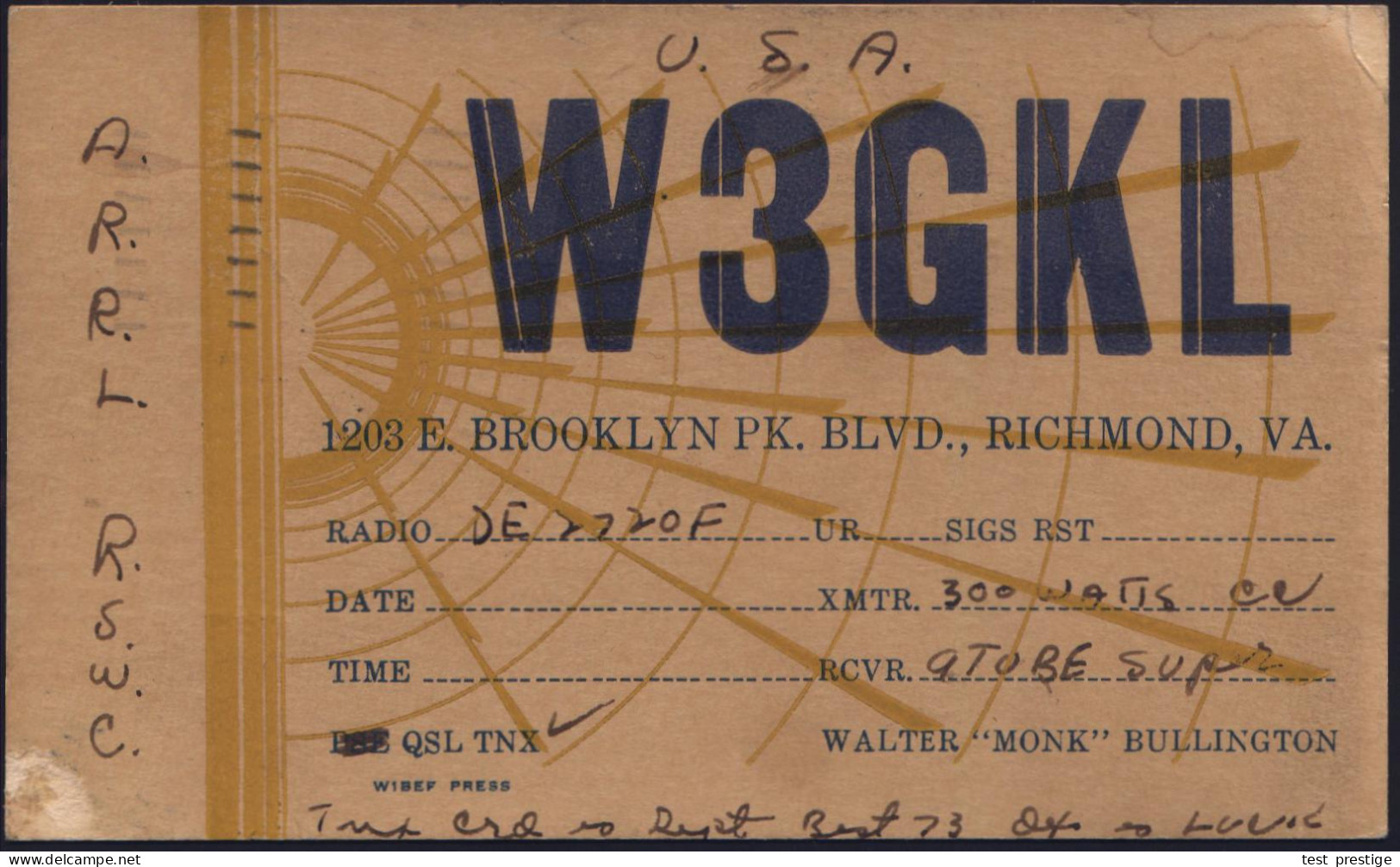 U.S.A. 1938 (5.5.) Zweifarbige QSL-Kt.: W3GKL, Richmonde, Va. (Funkstrahlen) Etw. Unfrisch, Übersee-Kt. N. Berlin  - FUN - Sonstige