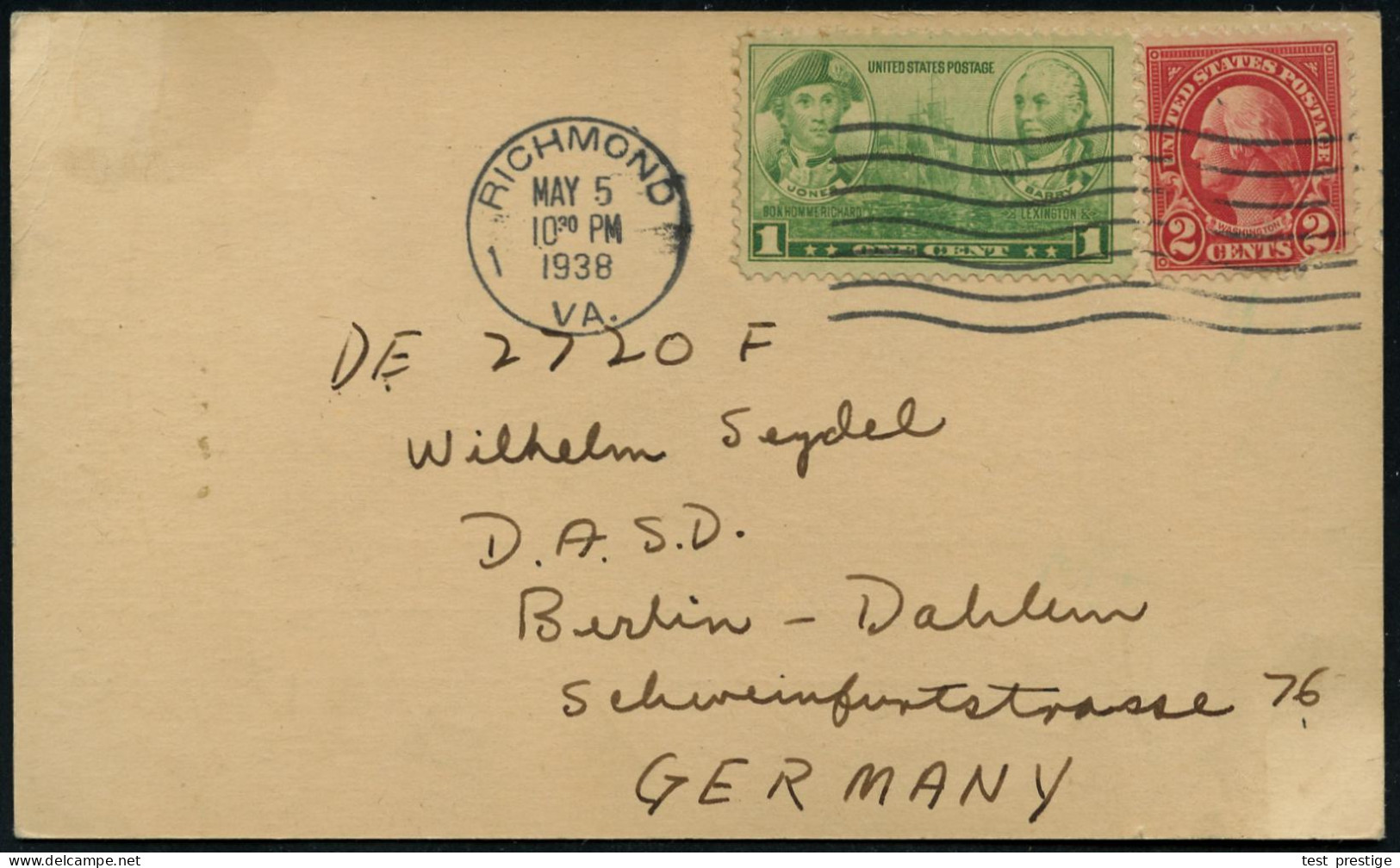 U.S.A. 1938 (5.5.) Zweifarbige QSL-Kt.: W3GKL, Richmonde, Va. (Funkstrahlen) Etw. Unfrisch, Übersee-Kt. N. Berlin  - FUN - Autres