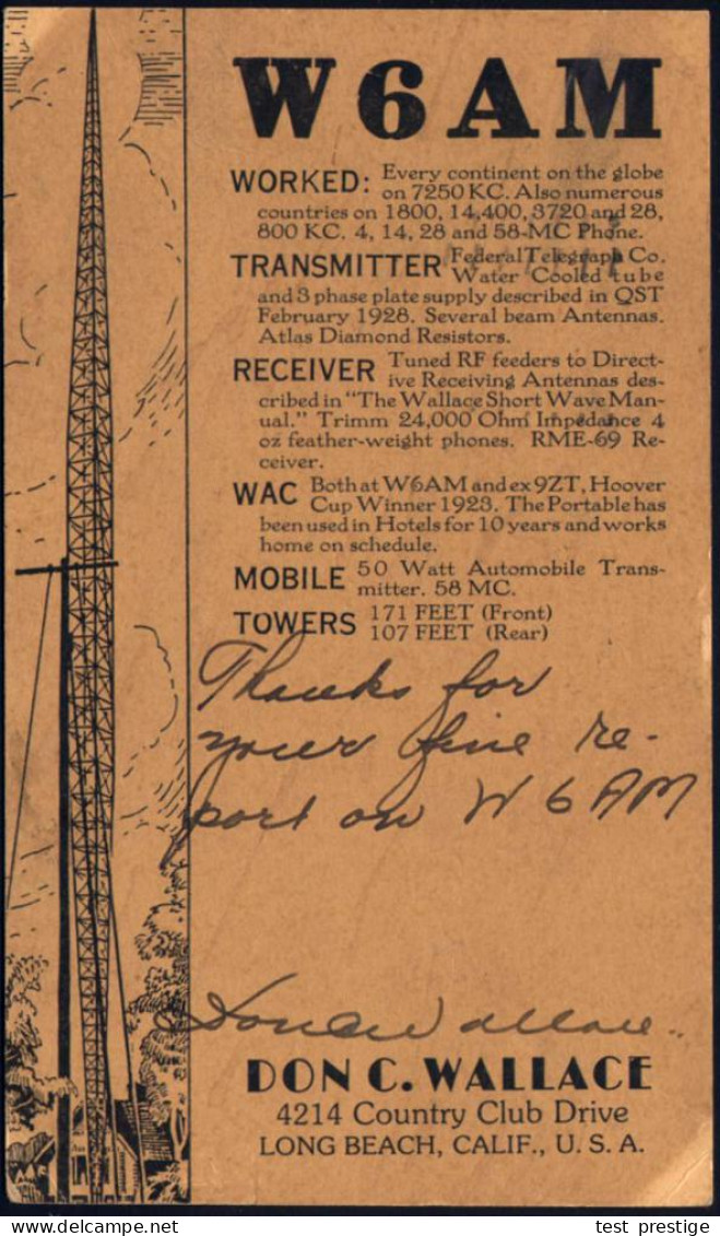 U.S.A. 1936 PP 1 C. Jefferson, Grün + Zudruck: QSL "W 6 AM"..Long Beach, Calif. (Funkantenne) + Zusatzfrankatur (anschri - Autres