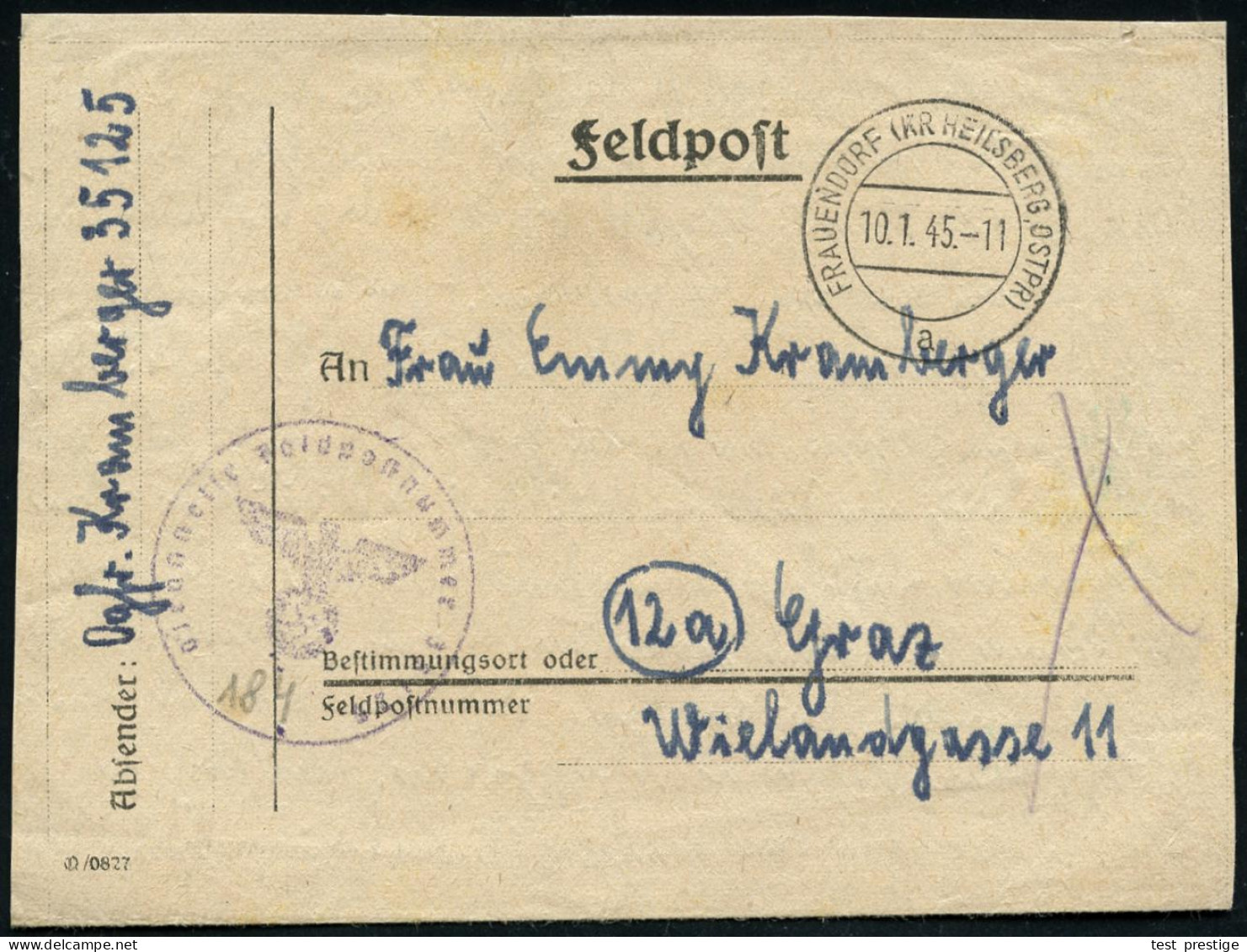 FRAUENDORF (KR HEILSBERG, OSTPR)/ A 1945 (8.1.) 2K-Steg + Viol. 1K-HdN: Fp. Nr. 35125 = Nachrichten-Abt. 71, Ostpreußen  - Sonstige