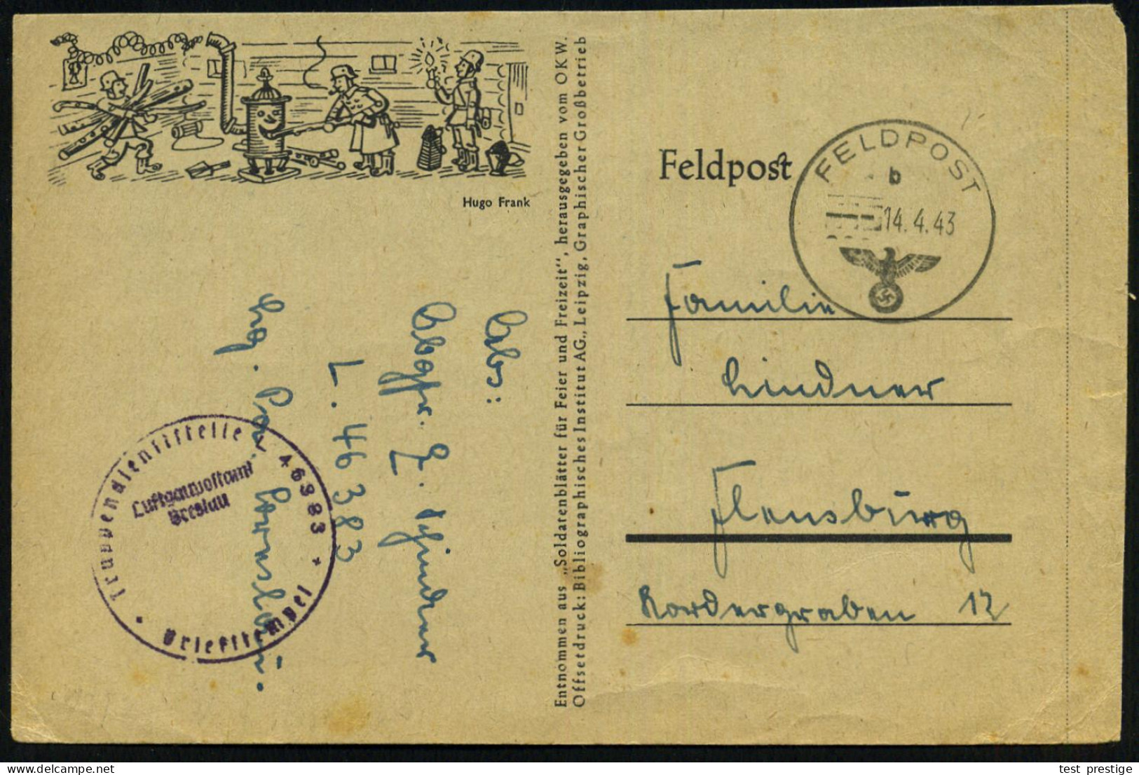 DEUTSCHES REICH /  RUSSLAND 1943 (14.4.) 1K: FELDPOST/b/--- + Viol. 1K-HdN: Truppendienststelle L 46383/ Luftgaupostamt/ - Otros