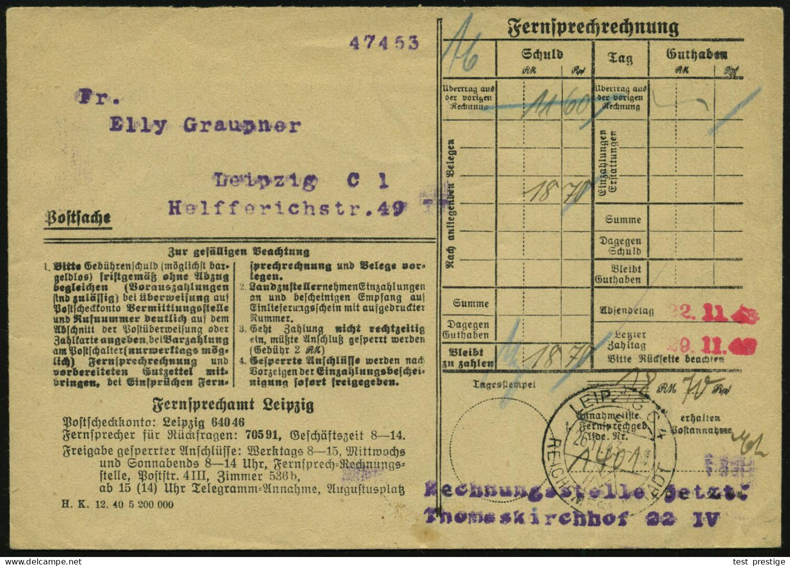 LEIPZIG C4/ C/ MM/ REICHSMESSESTADT 1943 (26.11.) HWSt Auf Portofreiem Dienst-Bf.: Fernsprechrechnung, Postsache , Vs. G - Other