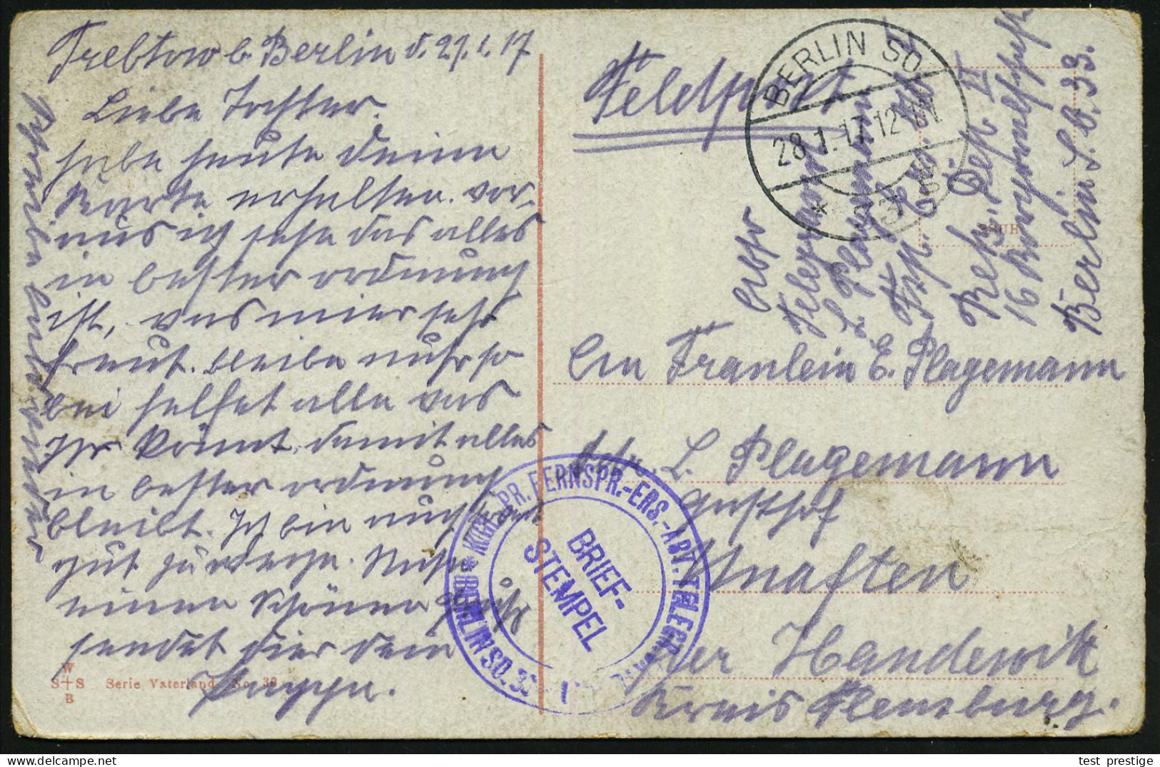 BERLIN SO/ *33g 1917 (28.1.) 1K-Brücke + Viol. 2K-HdN: KÖNIGL. PR. FERNSPR:-ERS.-ABT. TELEGR. BATL. Nr.1 + Hs. Abs., Col - Otros