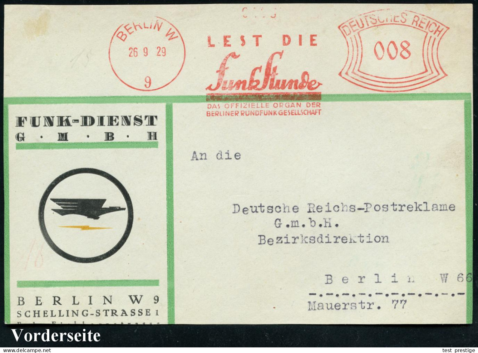 BERLIN W9/ LEST DIE/ Funk Stunde/ DAS OFFIZ.ORGAN DER/ BERLINER RUNDFUNK GES. 1929 (26.9.) AFS Francotyp Auf Color-Vorde - Otros