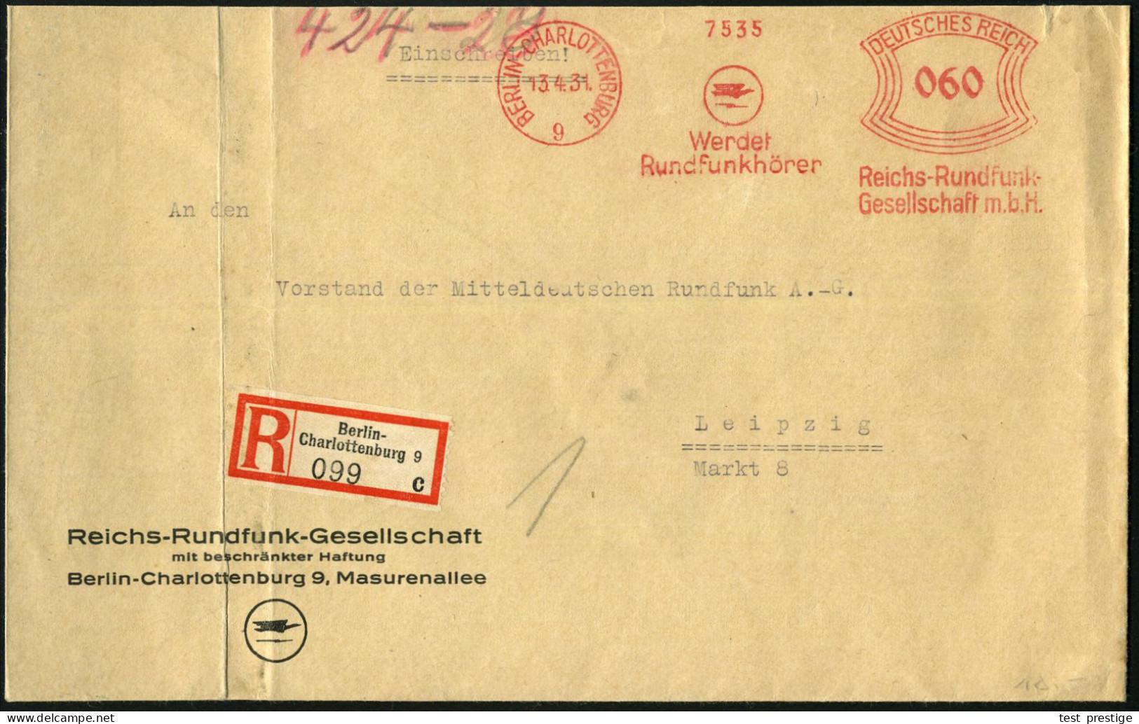 BERLIN-CHARLOTTENBURG/ 9/ Werdet/ Rundfunkhörer/ Reichs-Rundfunk-/ GmbH 1931 (13.4.) AFS Francotyp 060 Pf. (Logo) Auf Mo - Otros