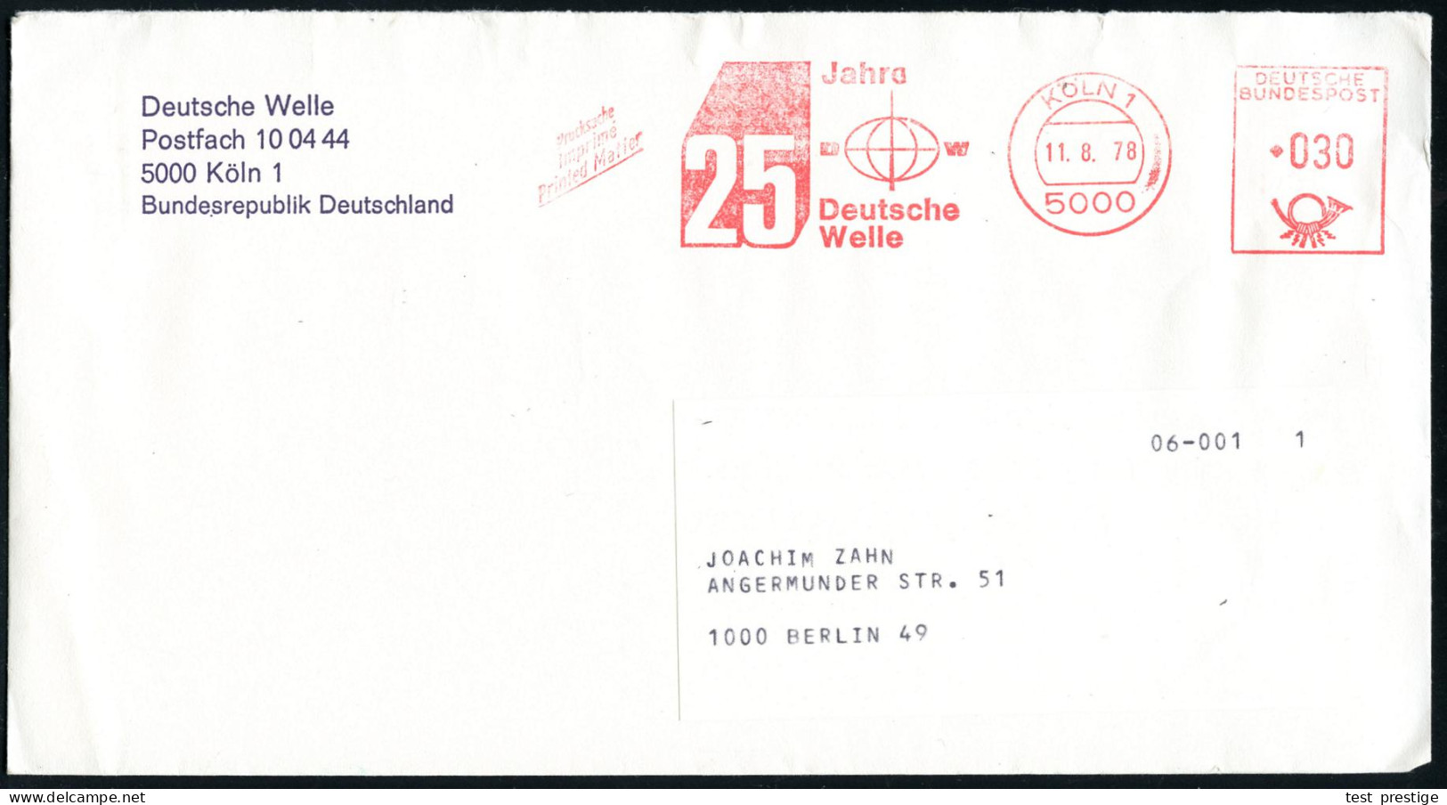 5000 KÖLN 1/ 25 Jahre/ Deutsche/ Welle 1978 (11.8.) Jubil.-AFS Francotyp (Sender-Logo: Globus) Inl.-Bf. (Dü.E-26) - RADI - Other