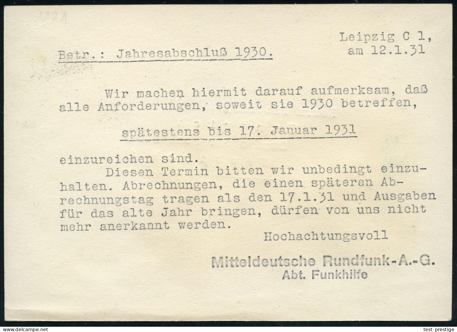 LEIPZIG/ C1/ MITTELDEUTSCHE/ RUNDFUNK A.-G./ (MIRAG) LEIPZIG/ Werdet/ Rundfunkhörer 1931 (12.1.) Seltener AFS Francotyp  - Sonstige