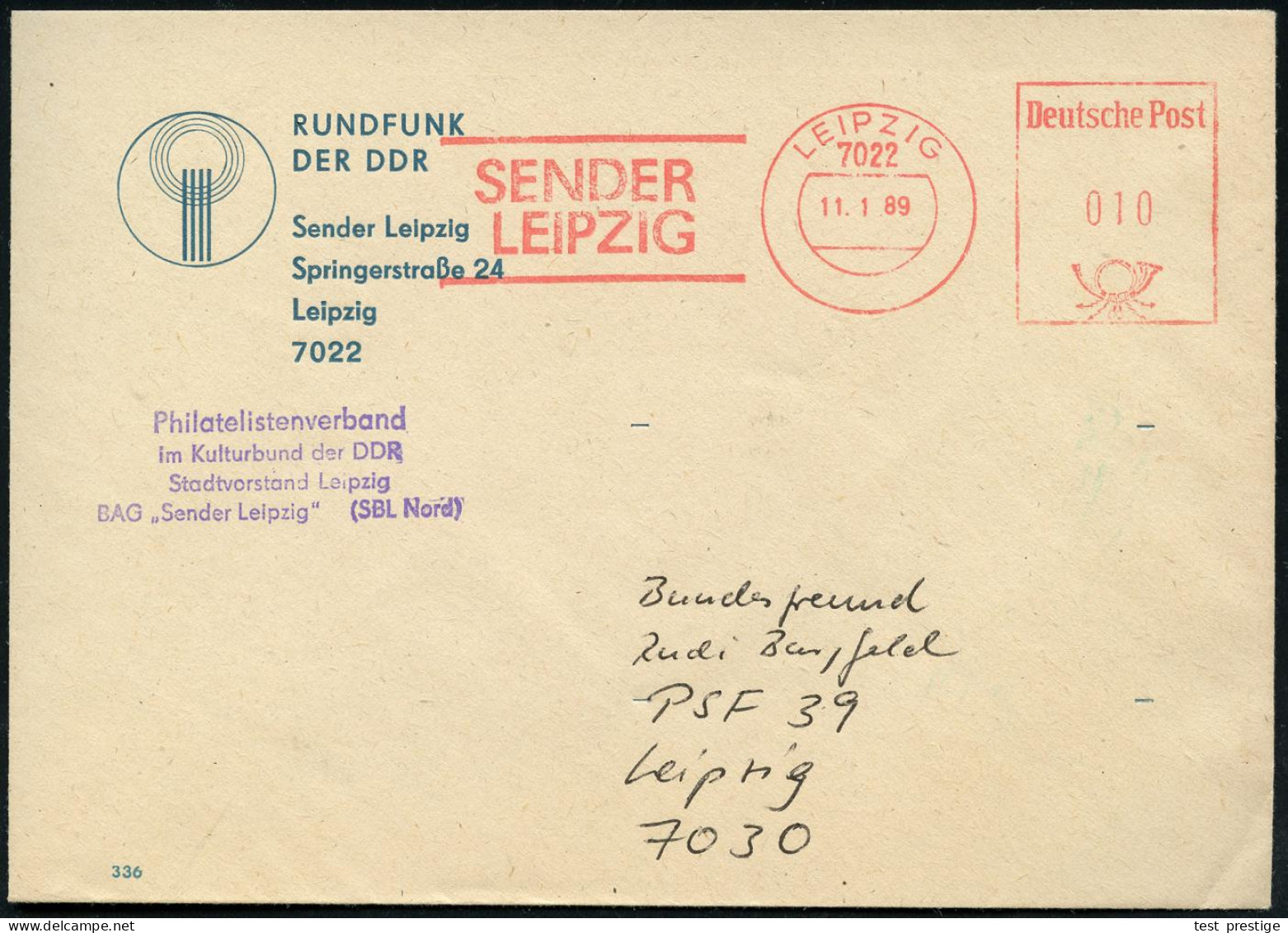 7022 LEIPZIG/ SENDER/ LEIPZIG 1989 (11.1.) AFS Postalia , Klar Gest., Dekorativer Vordruck-Bf.: RUNDFUNK DER DDR (Sender - Autres