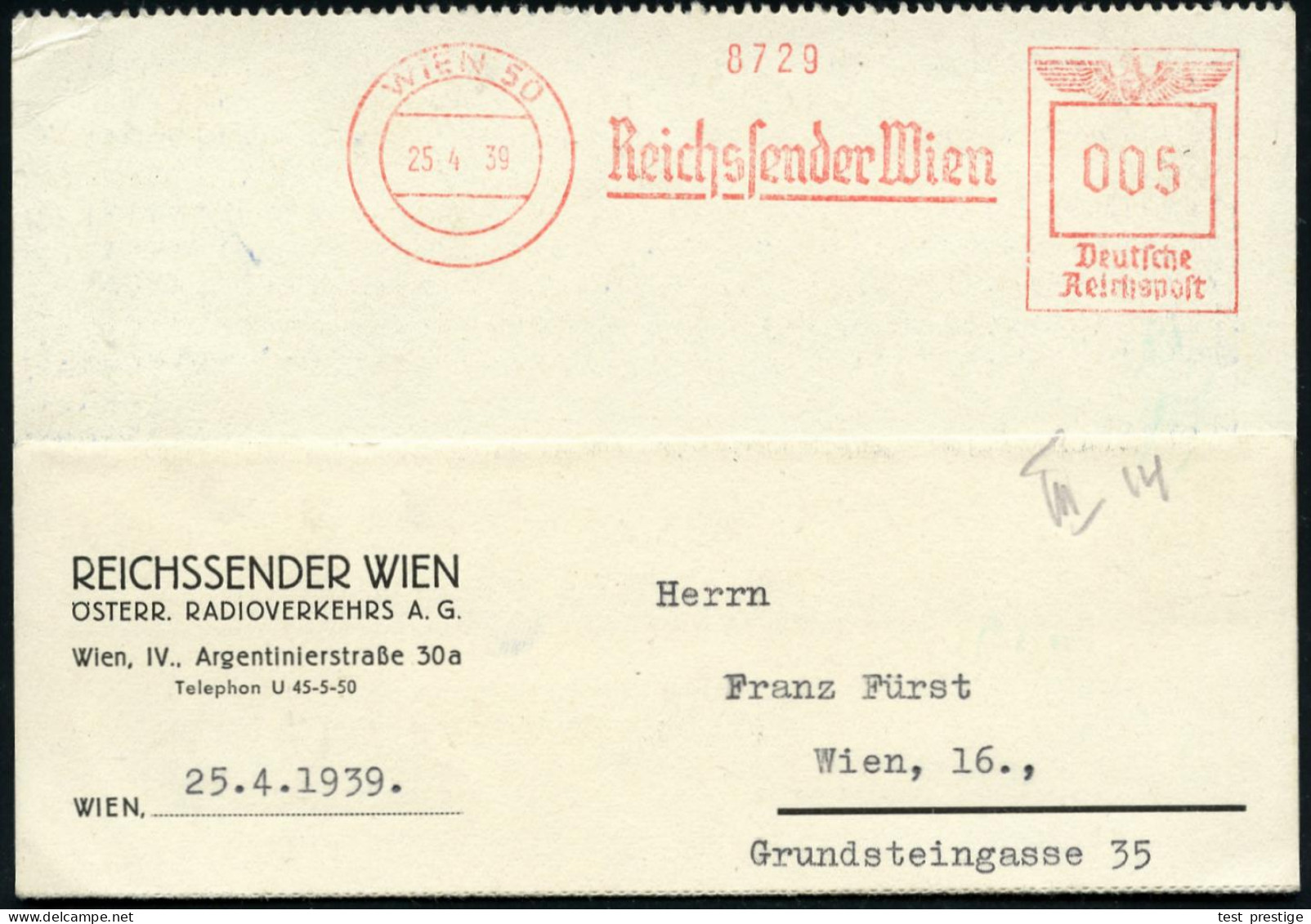 WIEN 50/ Reichs-Rundfunk GmbH/ Reichssender Wien 1939 (30.5.) Seltener AFS Francotyp , Klar Gest. Vordr.-Orts-Kt.: REICH - Other