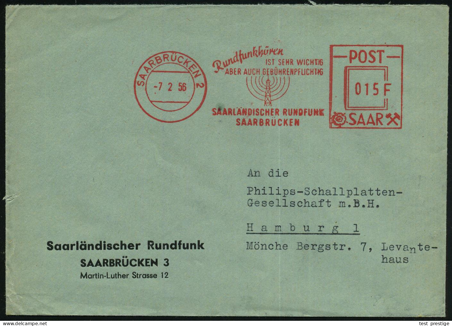 SAARLAND 1954 (21.7.) Seltener AFS Postalia "POST SAAR" 006 F.: SAARBRÜCKEN 2/Rundfunkhören/IST SEHR WICHTIG/ABER AUCH G - Otros