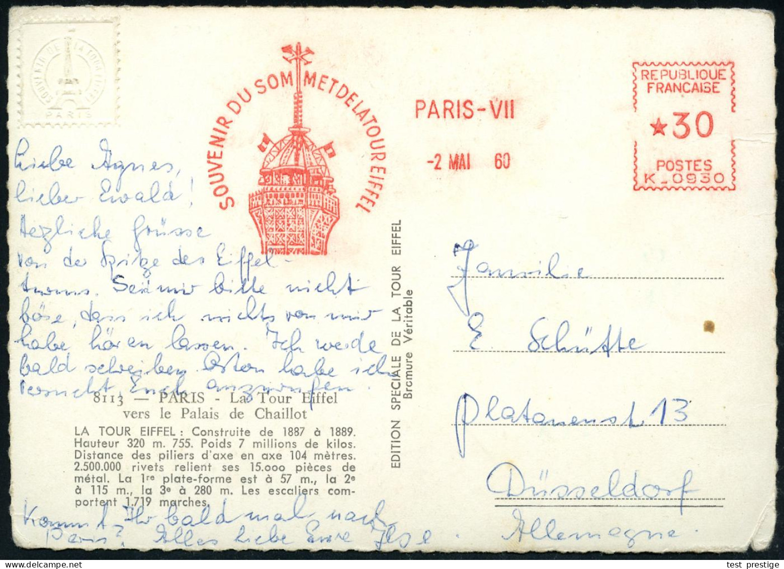 FRANKREICH 1959 (2.5.) AFS: PARIS-VII/SOUVENIR DU SOMMET DE LA TOUR EIFFEL (Eiffel-Turm-Spitze Mit Sendemast U. Flaggen) - Otros