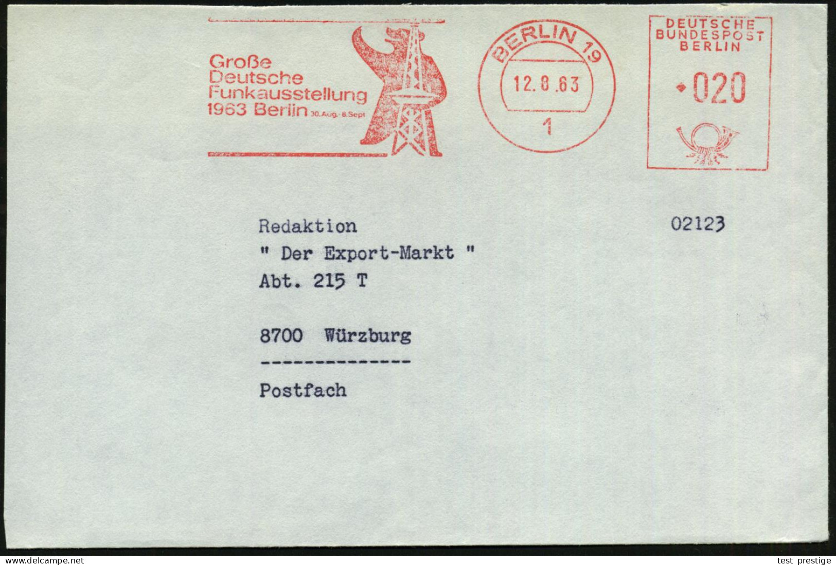 1 BERLIN 19/ Gr./ Deutsche/ Funkausstellung/ ..30.Aug.-8.Sept. 1963 (12.8.) AFS Francotyp = Bär M. Funkturm (vergl. Vor- - Sonstige