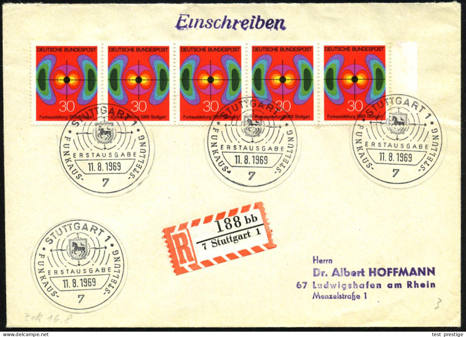 B.R.D 1969 (11.8.) 30 Pf. Funkausstellung Stuttgart , Reine MeF: 5er-Streifen + ET-SSt: 7 STUTTGART/ ERSTAUSGABE/ FUNKAU - Otros