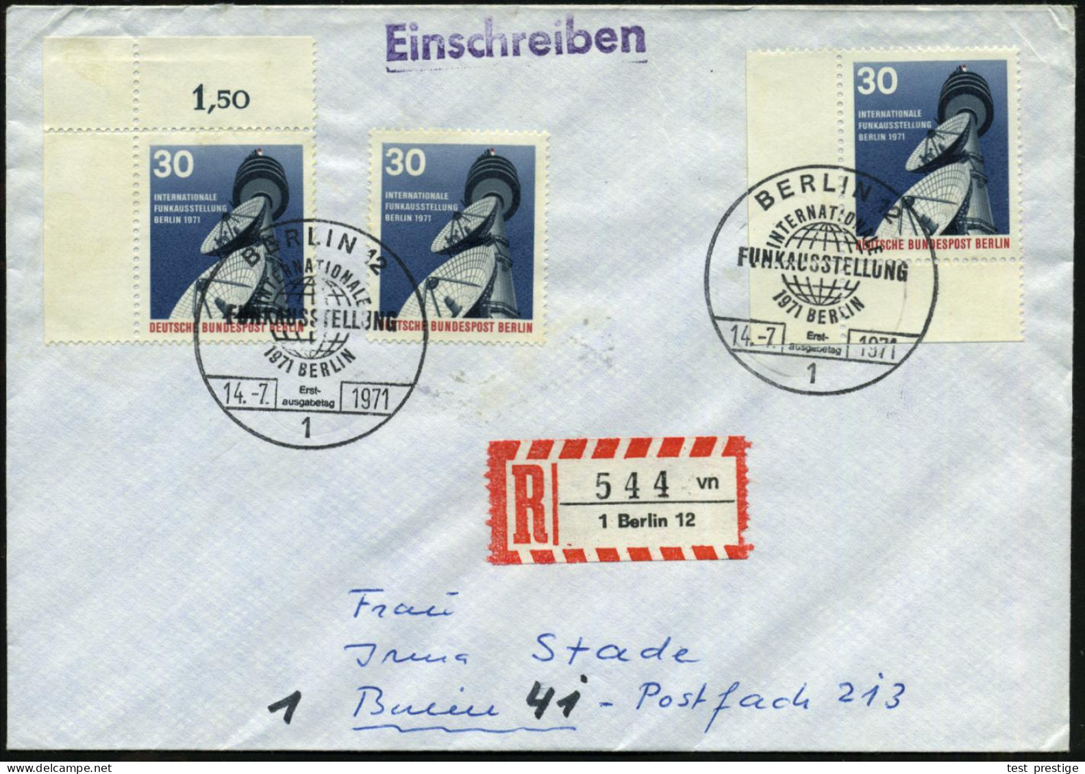 1 BERLIN 1971 (14.7.) 30 Pf. Internat. Funkausstellung, Reine MeF: 3 Stück (391 MeF, 2x Eckrand) + Passender ET-SSt = Gl - Autres