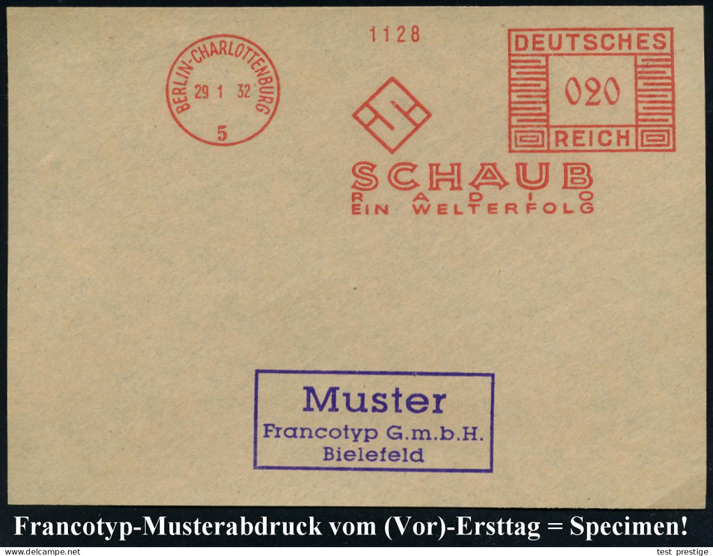 BERLIN-CHARLOTTENBURG/ 5/ SCHAUB/ RADIO/ EIN WELTERFOLG 1932 (29.1.) AFS-Musterabdruck Francotyp "Mäanderrechteck" (Firm - Otros