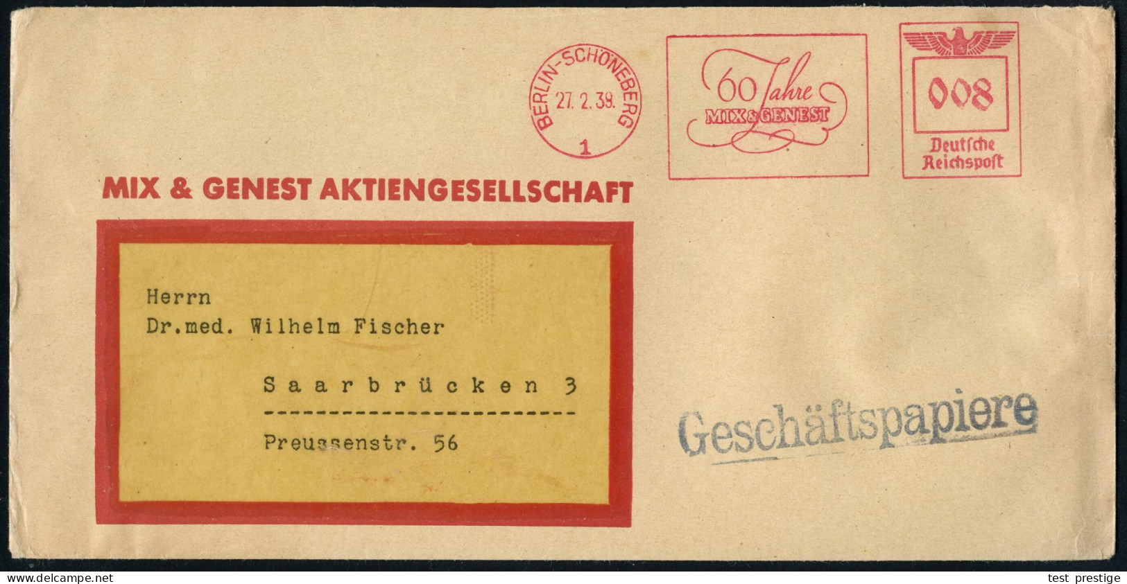 BERLIN-SCHÖNEBERG/ 1/ 60 Jahre/ MIX & GENEST 1939 (27.2.) Seltener Jubil.-AFS Francotyp Auf Firmen-Bf.: MIX & GENEST AG. - Otros