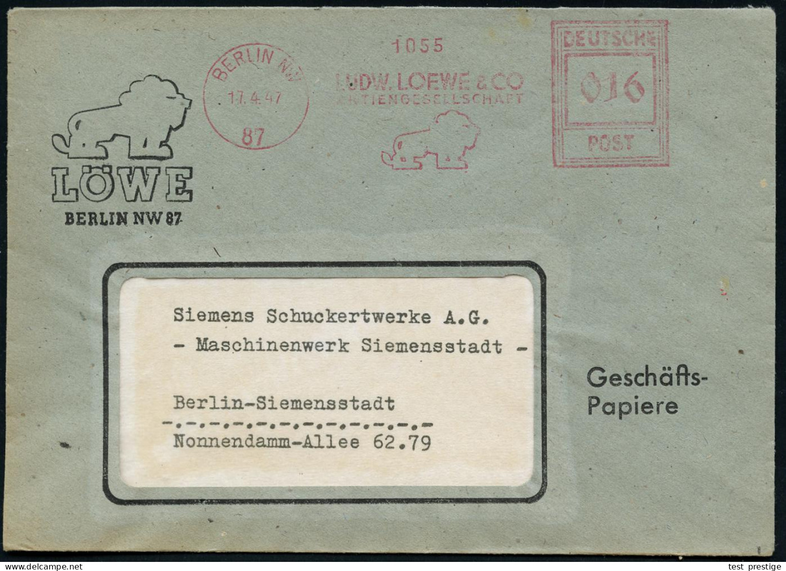 BERLIN NW/ 87/ LUDW.LOEWE & CO/ AG 1947 (17.4.) Seltener AFS Francotyp "Hochrechteck" = Firmen-Logo Löwe , Motivgl. Firm - Autres