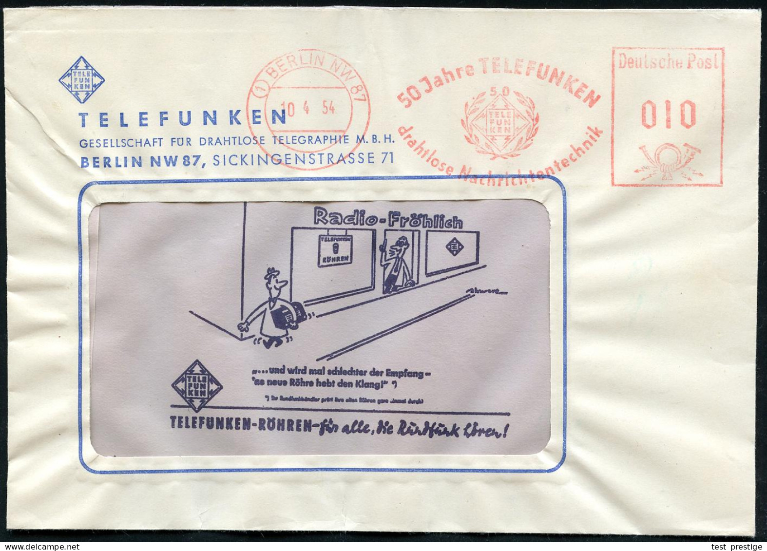 (1) BERLIN NW 87/ 50 Jahre TELEFUNKEN/ Drahtlose Nachrichtentechnik 1954 (10.4.) Jubil.-AFS (Firmen-Logo) Motivgl. Rekla - Sonstige
