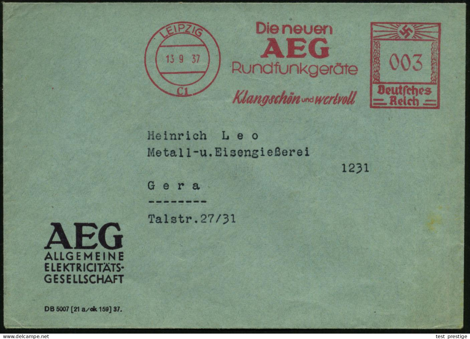 LEIPZIG/ C1/ Die Neuen/ AEG/ Rundfunkgeräte/ Klangschön U.wertvoll 1937 (13.9.) AFS Francotyp Klar Auf AEG-Firmen-Bf. (D - Sonstige