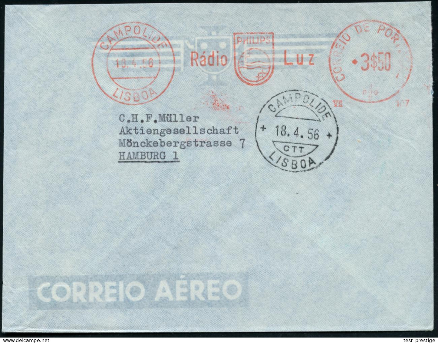 PORTUGAL 1956 (18.4.) AFS: CAMPOLIDE/LISBOA/PHILIPS/Rá;dio Luz/VII 107 (Philips-Logo) + 1K., Ausl.-Flp.-Bf.  - RADIO & R - Otros