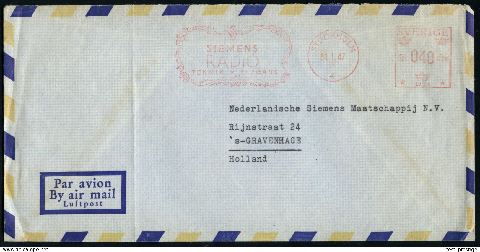 SCHWEDEN 1947 (31.1.) AFS 40 Öre: STOCKHOLM/*/1114/SIEMENS/RADIO/TEKNIK ELEGANS (Monogr.-Logo "SH") Luftp.-Firmen-Bf. (l - Altri