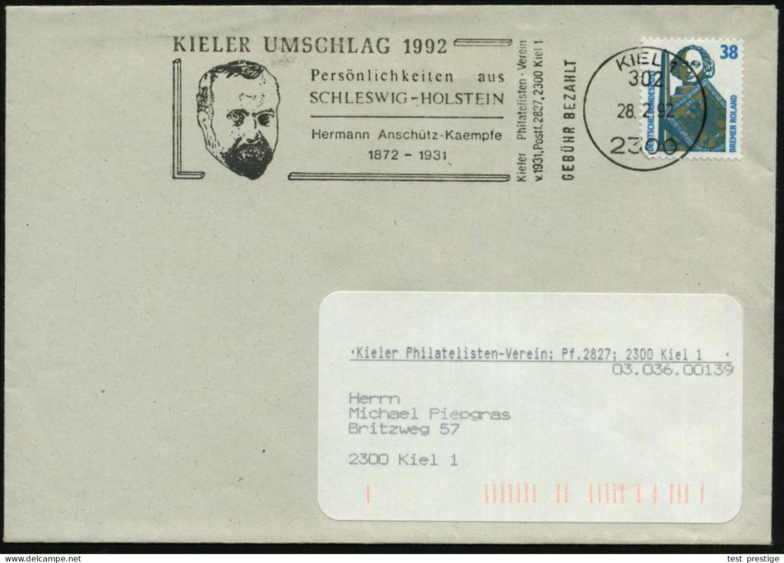 2300 KIEL 1/ 302/ GEBÜHR BEZAHLT/ ..Hermann Anschütz-Kaempfe/ 1872-1931.. 1992 (28.2.) Absenderstempel (VE) = Kopfbild D - Geographie